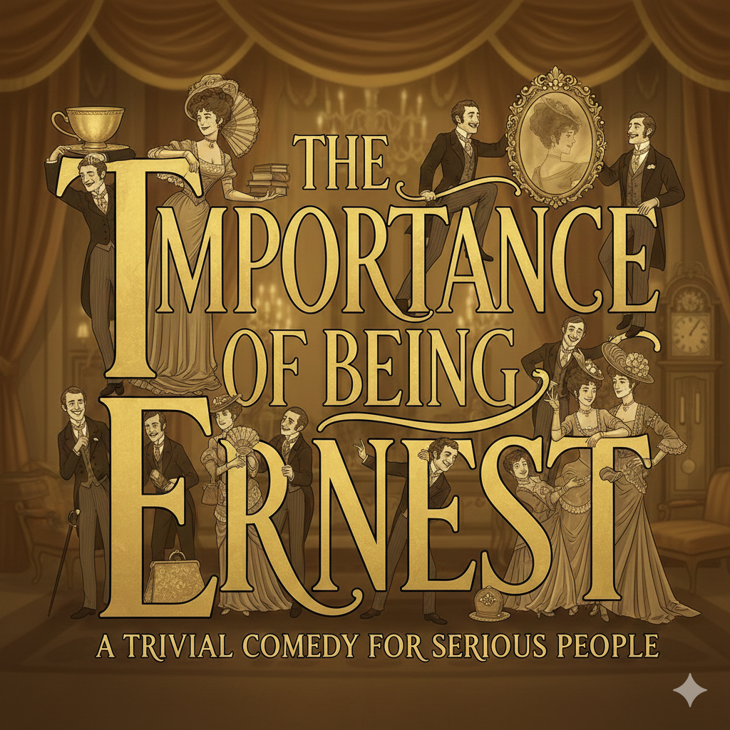Victorian-style typographic poster spelling “The Importance of Being Earnest,” with each letter formed and surrounded by Victorian characters in period attire, arranged playfully to suggest social satire.