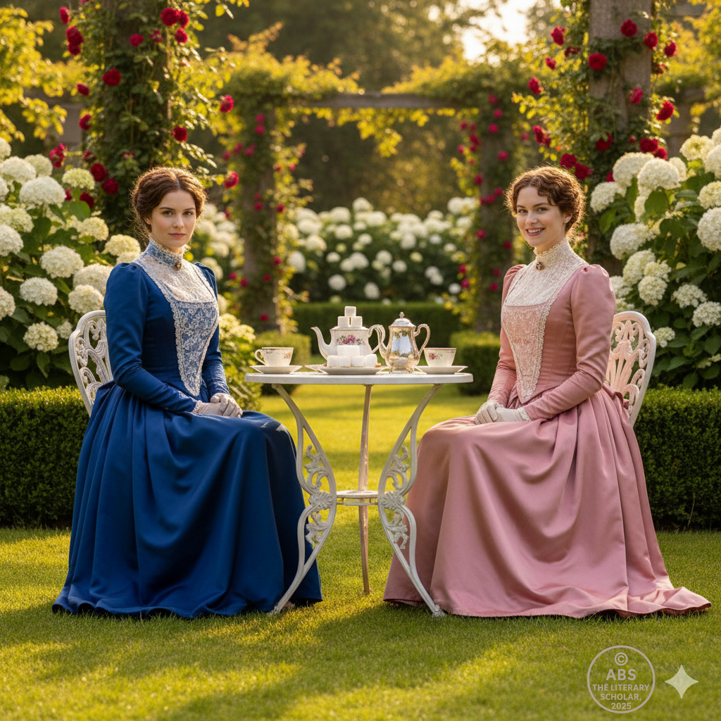 A Victorian garden scene from The Importance of Being Earnest showing Gwendolen and Cecily seated at tea, smiling politely while engaged in subtle rivalry.