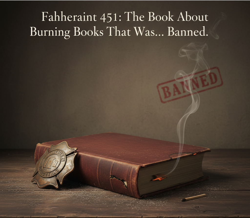Illustration of a charred book titled Fahrenheit 451 on a wooden table with smoke rising from one corner, a burnt matchstick, a metal fireman badge and a faint BANNED stamp in the background.