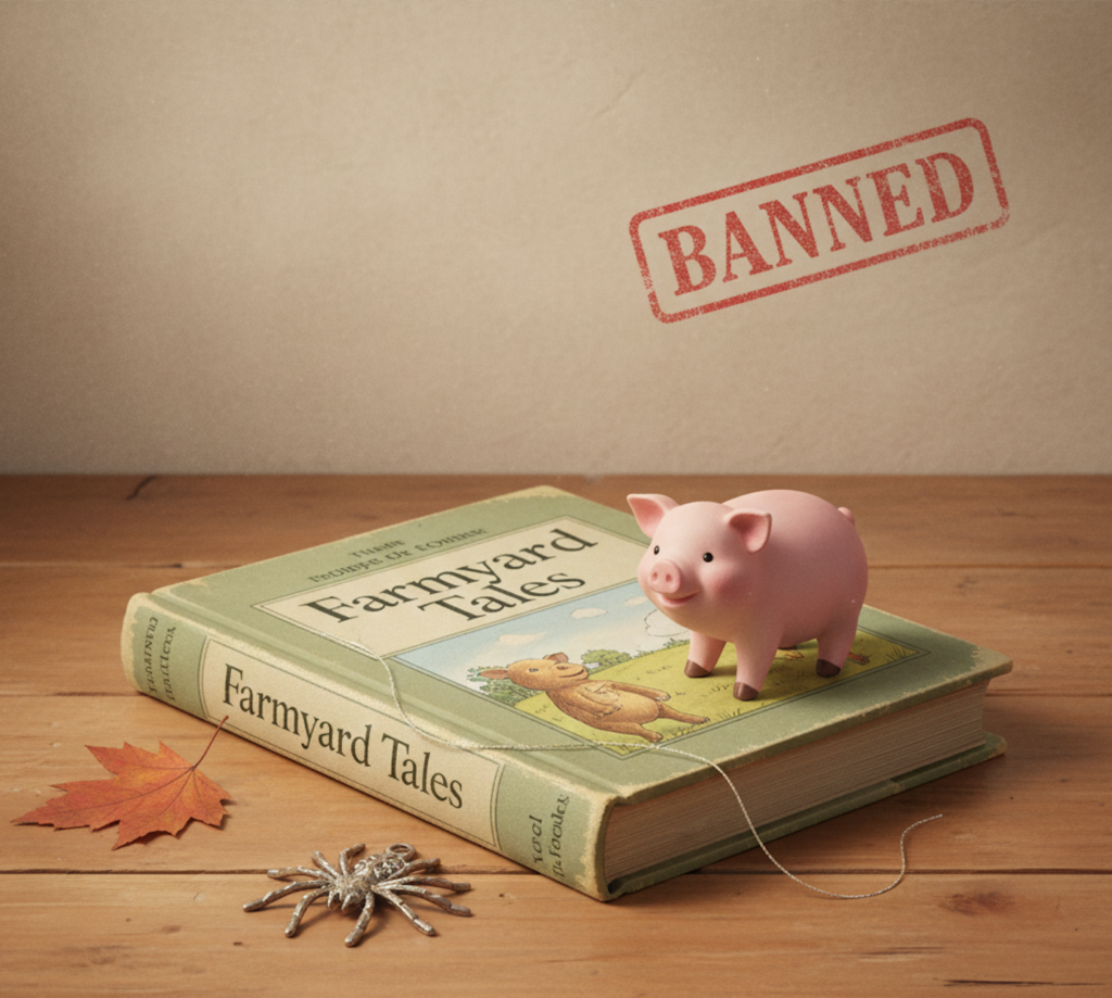 Illustration of a children’s book titled Farmyard Tales on a wooden table beside a ceramic pig ornament, a metal spider charm, a dried leaf, and a faint BANNED stamp in the background.