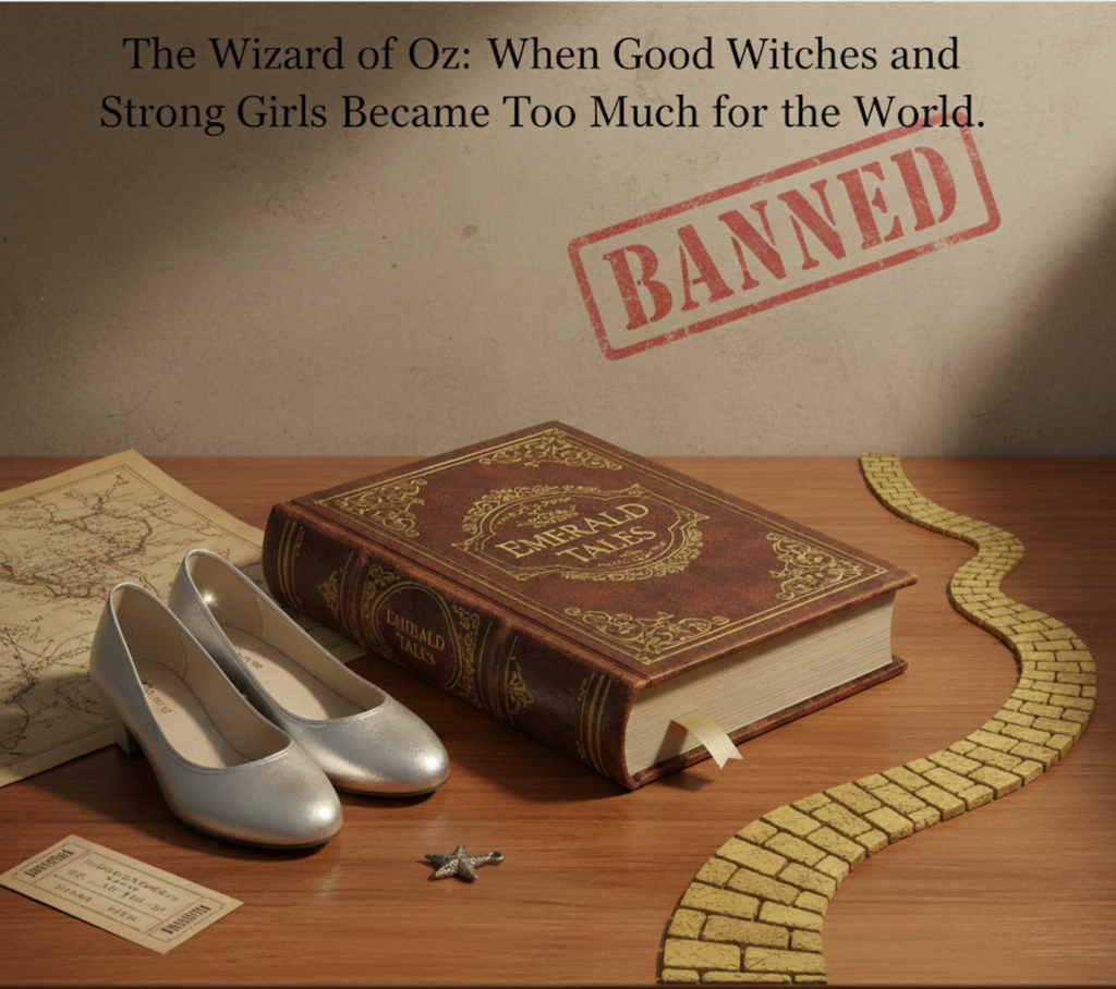Illustration of a vintage book titled Emerald Tales on a wooden table beside silver shoes, a miniature yellow brick road model, a star shaped charm, a dried leaf and a faint BANNED stamp in the background.