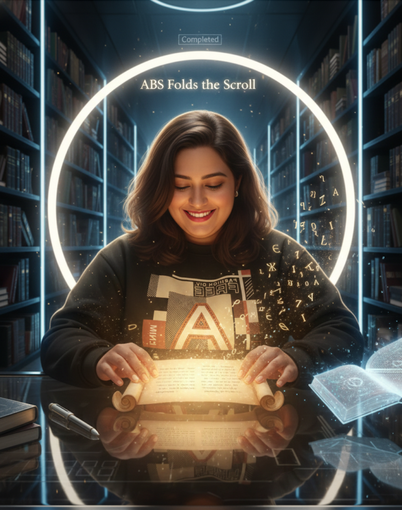 A futuristic library scene where ABS gently folds a glowing parchment scroll, surrounded by holographic symbols and warm golden light.