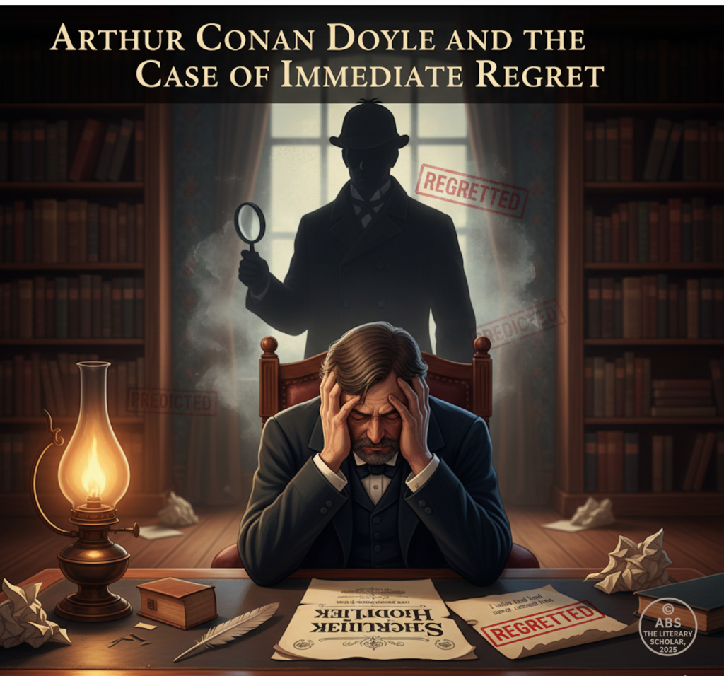 Victorian era scene showing a distressed Arthur Conan Doyle in a dimly lit study, a manuscript titled The Final Problem on the desk, a pipe, lamp, crumpled pages, and Sherlock Holmes’ silhouette on the wall.