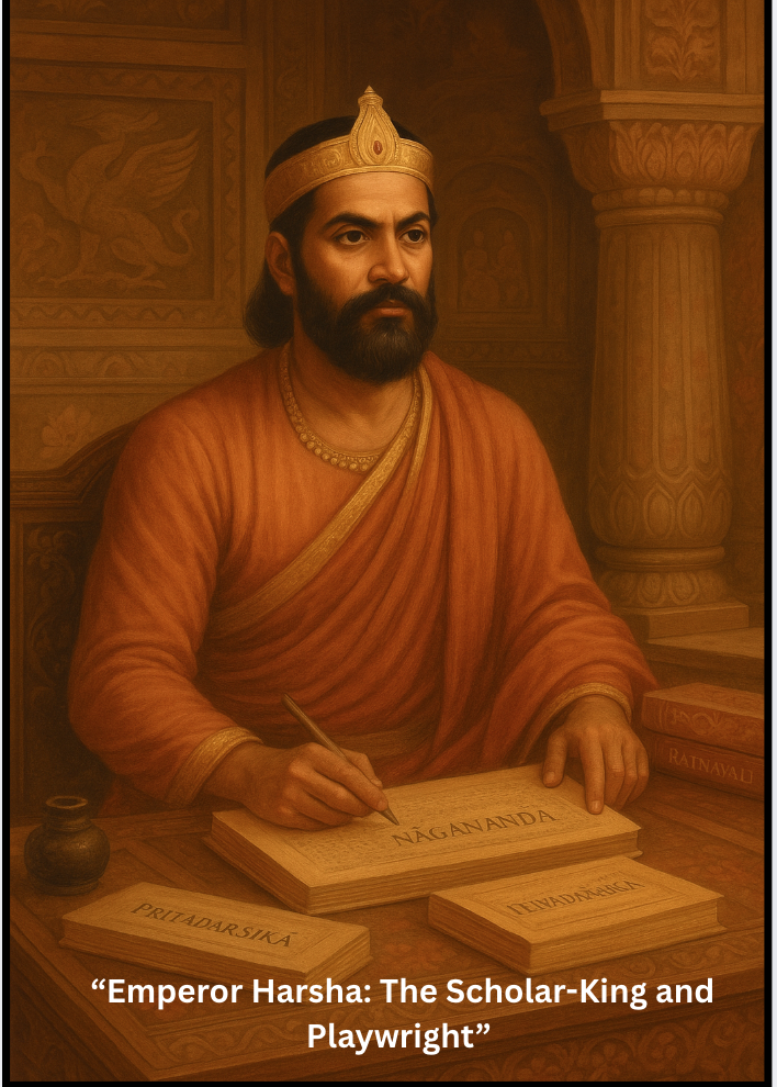 A traditional-style portrait of Emperor Harsha writing on a manuscript of Nagananda, with Priyadarshika and Ratnavali beside him in a royal study.