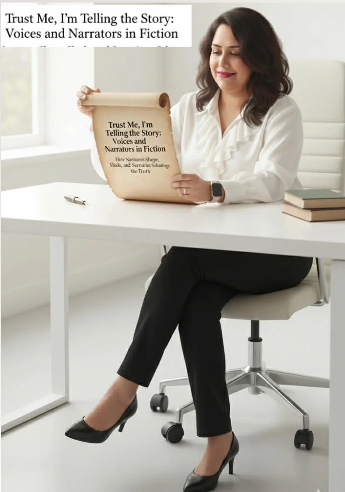 ABS, the literary scholar, folding a completed scroll in a bright white office, reflecting on narrators and storytelling after finishing a critical exploration of voices in fiction.