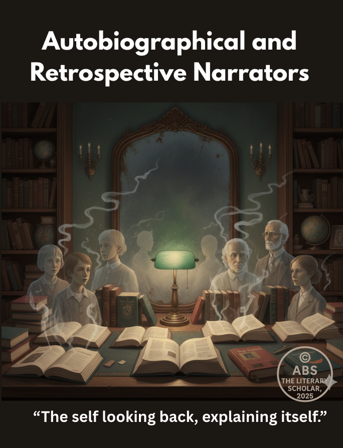 Symbolic illustration of autobiographical narrators rising from open books, representing memory, hindsight, and self narrated lives in fiction.