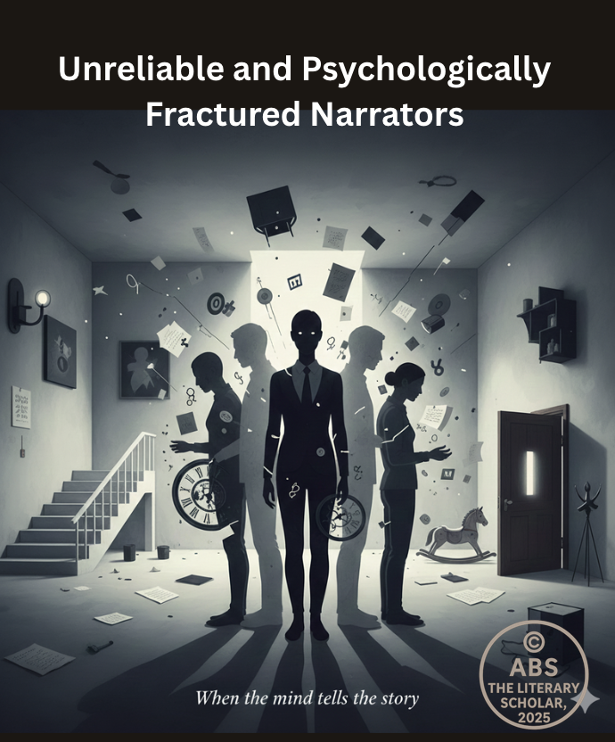 Abstract literary illustration showing fragmented human silhouettes and distorted interior spaces, symbolizing unstable minds and unreliable psychological narration.