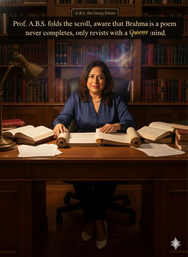 A. B. S., the literary scholar, seated in her office after completing critical notes on Emerson’s poem Brahma, folding her study material thoughtfully.