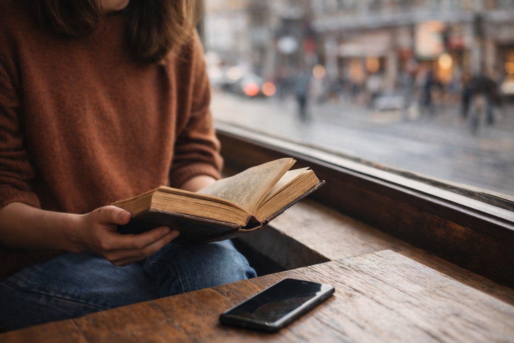 young adult reading a classic book by a window in the digital age