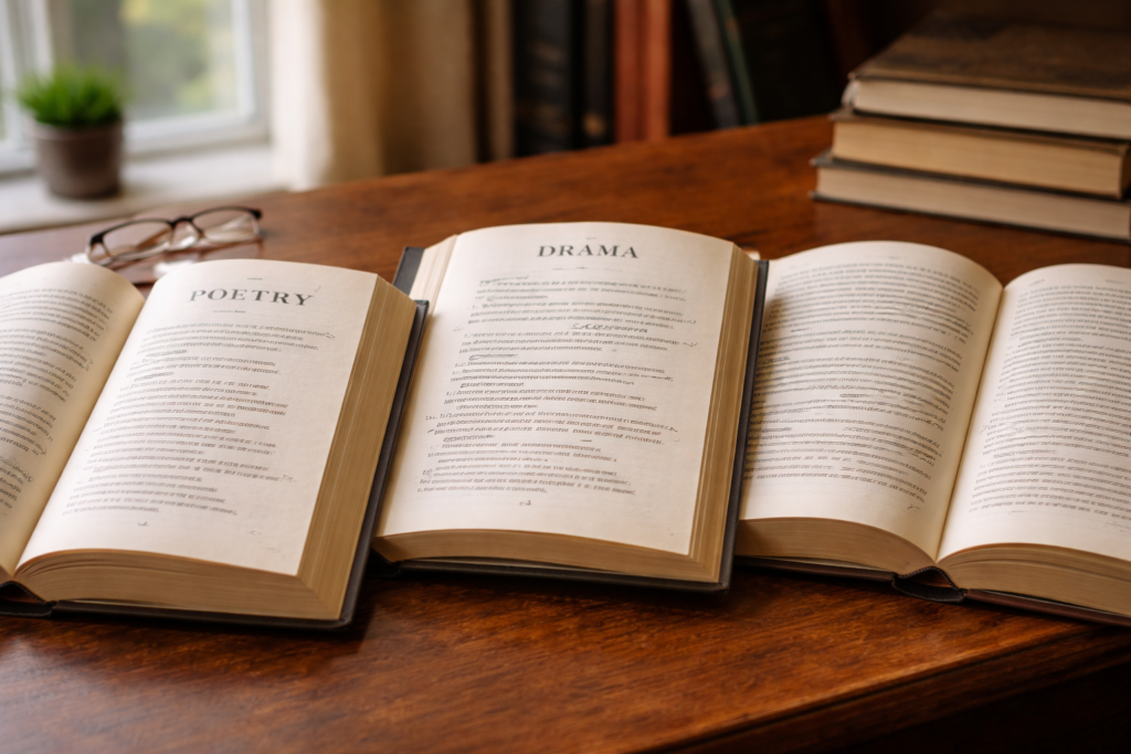 Open poetry book beside a dramatic script on a study table, symbolizing the difference between poetry and drama in English literature.