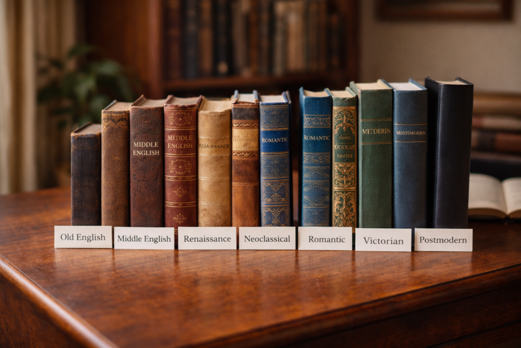 Books arranged in chronological order representing major literary periods in English literature from Old English to Postmodern.