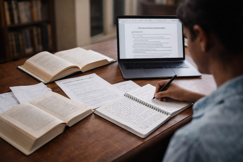 Indian student studying English literature with open books, handwritten notes, and a laptop in a quiet academic study space.