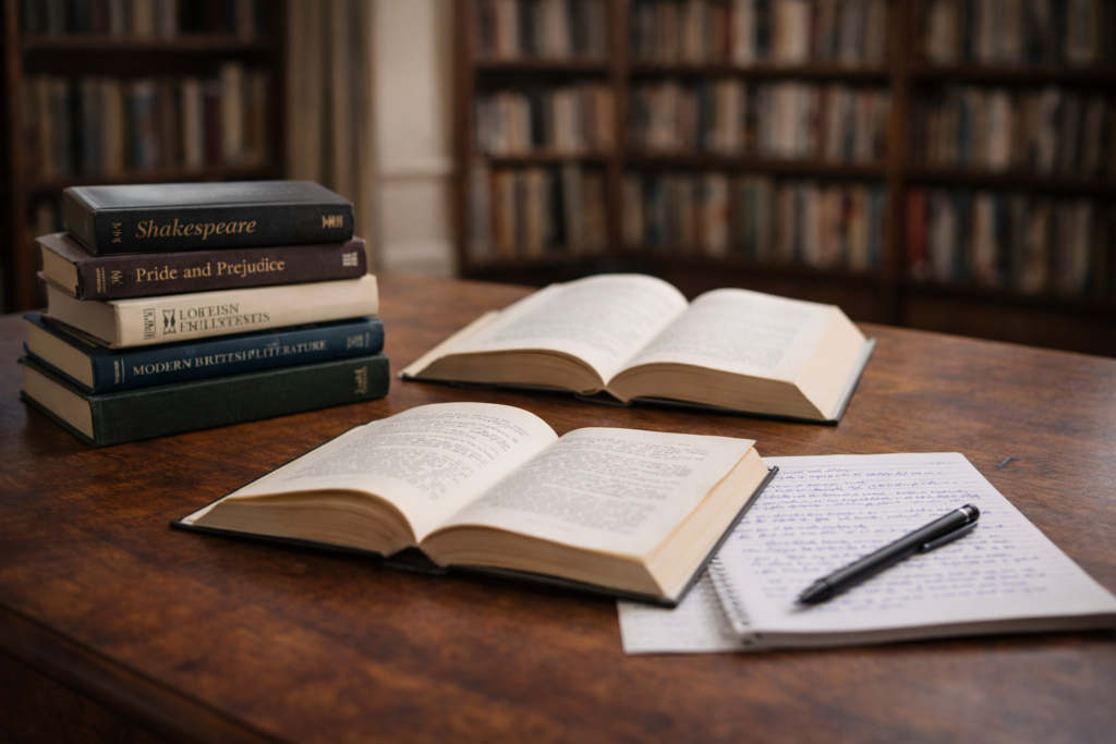 Open English literature books and handwritten notes on a study table in a quiet university library setting.