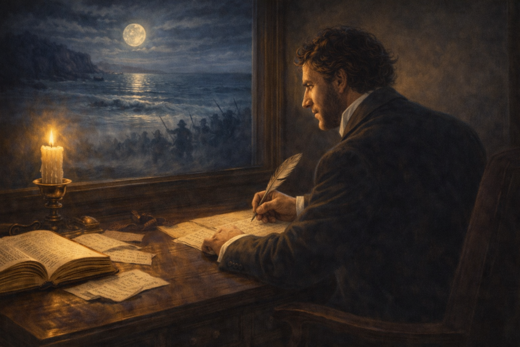 A Victorian-era writer seated at a wooden desk writing by candlelight with a moonlit sea visible outside the window