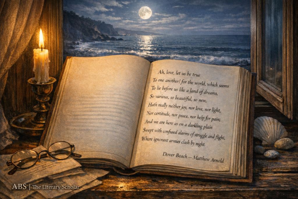 An open vintage book displaying lines from Dover Beach beside a candle with a moonlit sea visible through a window
