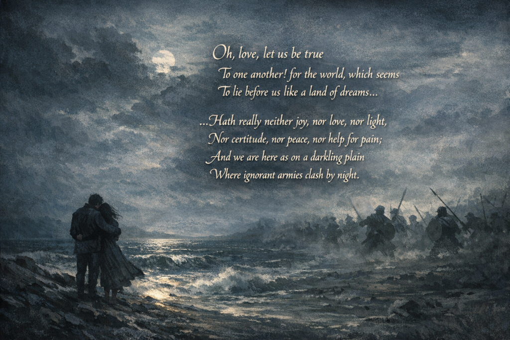 A moonlit stormy seashore with a couple standing together while shadowy armies clash in the background under a cloudy sky