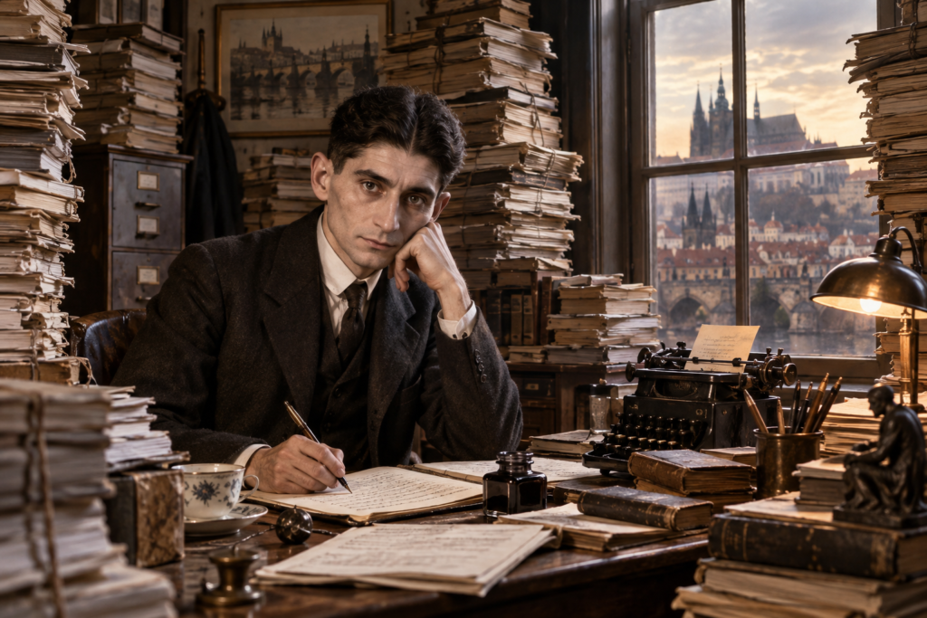 Franz Kafka sitting at his writing desk in an early twentieth-century Prague office, surrounded by towering stacks of paperwork and manuscripts.