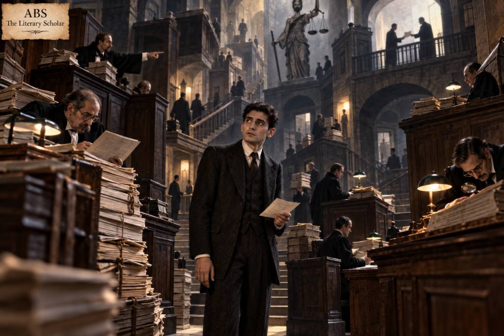 Josef K. stands bewildered in a labyrinthine courtroom surrounded by shadowy officials, endless files, and confusing staircases.