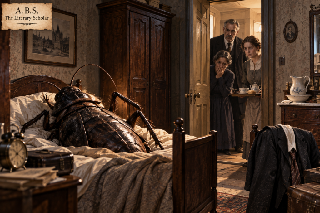 Gregor Samsa lies transformed into a giant insect in his bedroom as his anxious family peers through the doorway.