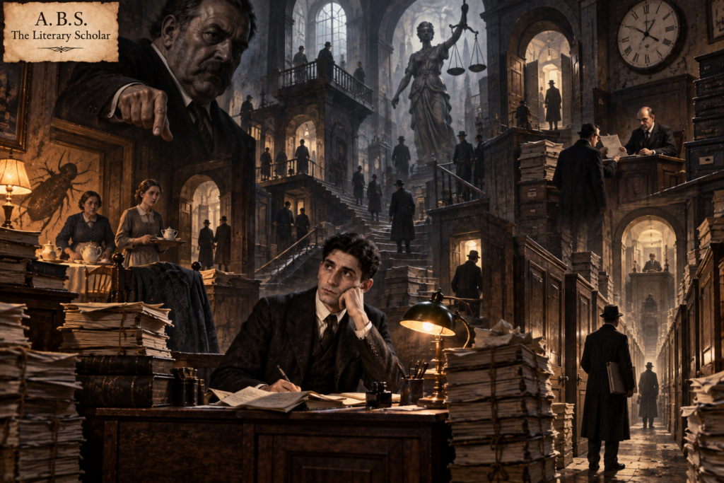 A solitary man stands trapped between towering office desks, courthouse corridors, and shadowy family figures in a surreal architectural labyrinth.