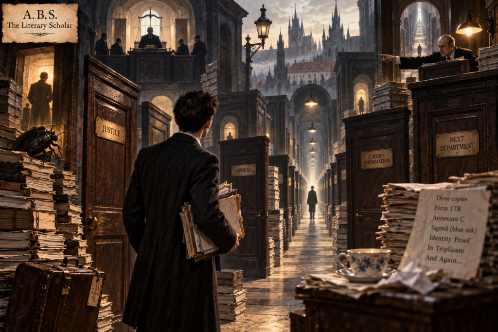 A bewildered man holding a thick file stands before endless courthouse doors and a distant clerk in a Kafkaesque bureaucratic corridor.
