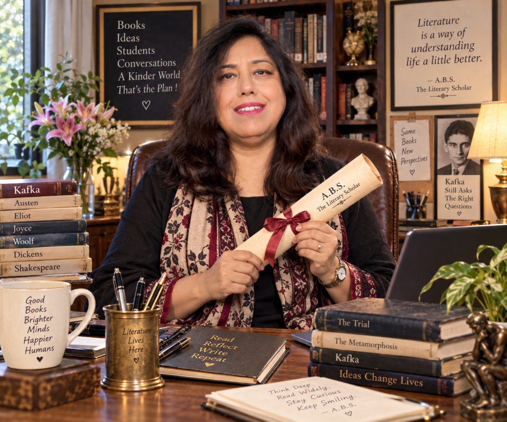ABS, The Literary Scholar, smiling in her study office while holding a literary scroll, surrounded by books and literary decorations.