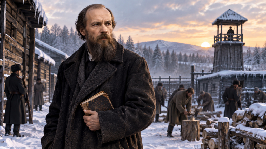 Fyodor Dostoevsky stands in a snowy Siberian prison camp, holding a worn notebook as prisoners work behind him.
