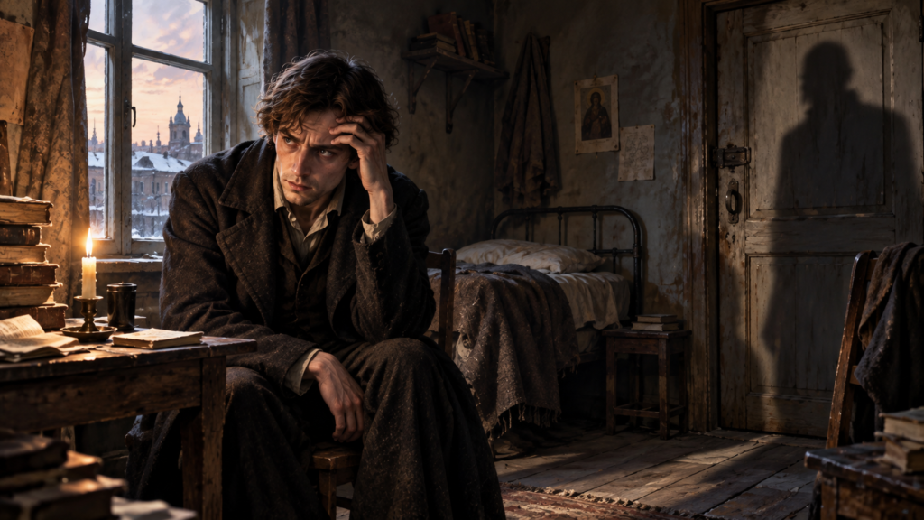 A troubled young man sits in a dim, shabby room, staring anxiously as a shadow falls across the door, evoking Raskolnikov’s guilt in Crime and Punishment.
