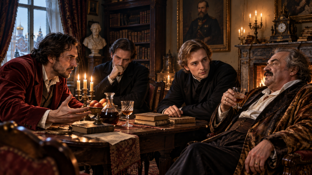 Four men gather around a table in a candlelit study, one arguing passionately while another listens thoughtfully, evoking a tense family discussion in The Brothers Karamazov.