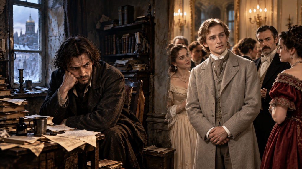 A brooding man sits alone in a dark, cluttered garret while a gentle, fair-haired man stands among formally dressed guests in a bright ballroom, illustrating the contrasting characters in Notes from Underground and The Idiot.
