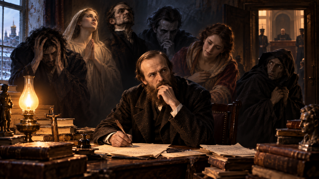 Fyodor Dostoevsky writes at a desk, surrounded by shadowy figures representing inner conflict, while a courtroom glows in the background.