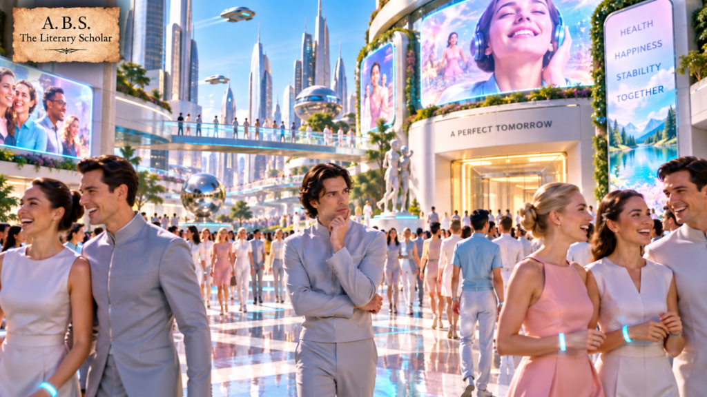Aldous Huxley inspired futuristic city filled with smiling citizens, advanced technology and one uneasy individual standing apart.