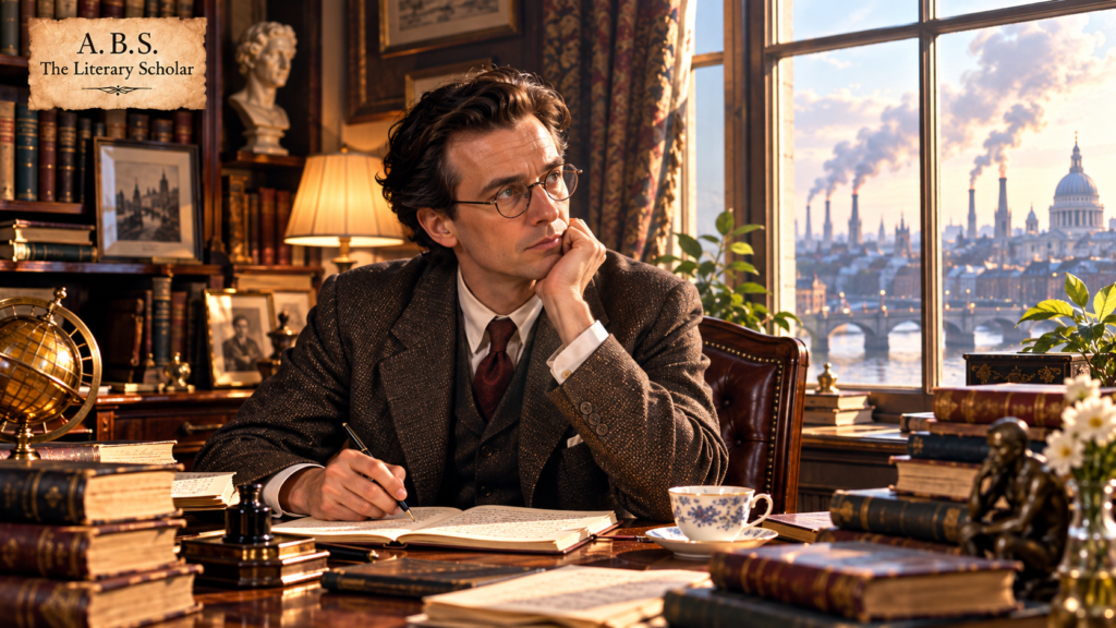 Aldous Huxley writing in a richly furnished study surrounded by books and looking toward an industrial city through the window.
