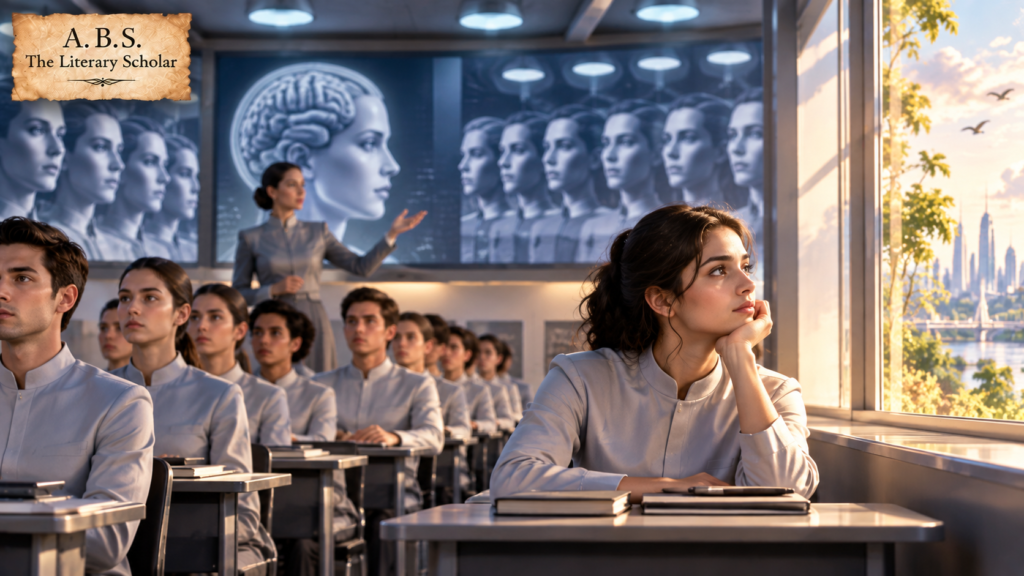 Futuristic classroom with identical students being conditioned while one young woman looks toward freedom outside the window.
