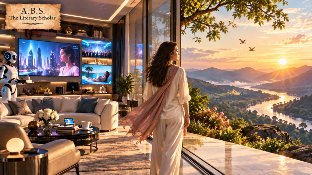 A woman stands between a luxurious technology-filled home and a vast natural landscape, symbolizing comfort versus freedom.