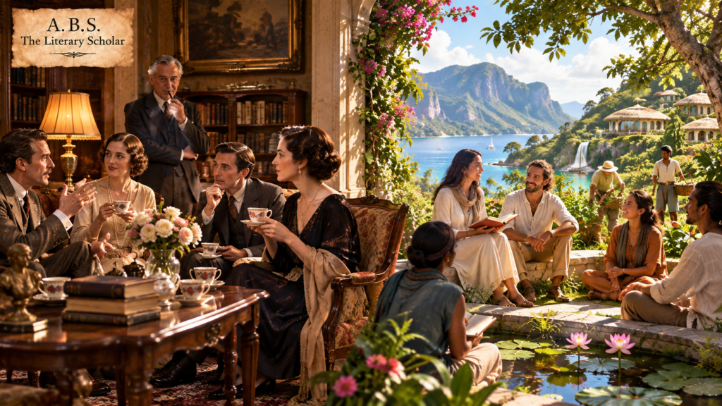 A literary salon contrasts with a peaceful island community where people read, learn, meditate and work with nature.